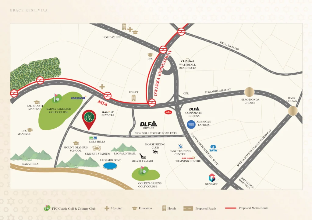 Grace Resilviaa location map showing connectivity to Dwarka Expressway, NH-8, golf courses, schools, hospitals, and airport